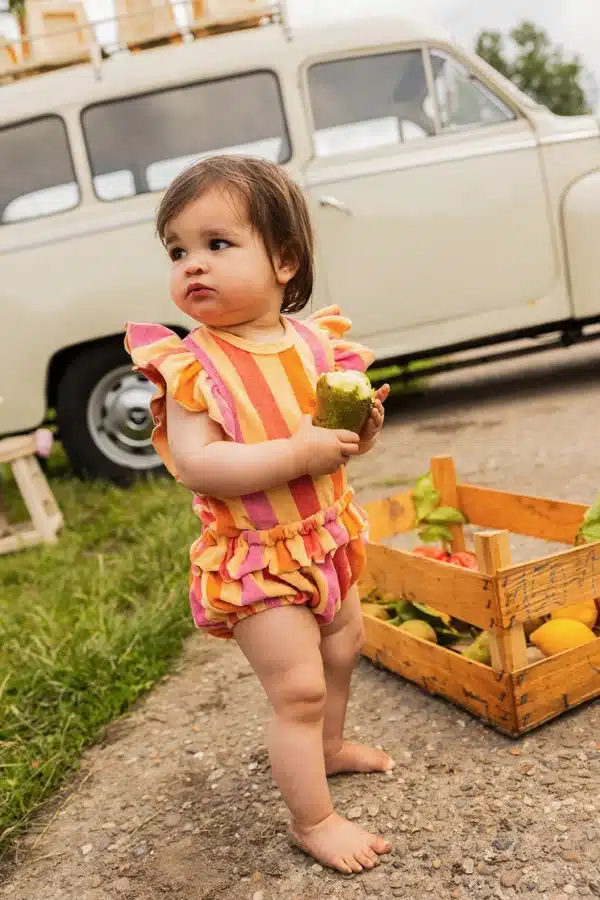 Sproet & Sprout Ruffle Romper Stripes Nectarine