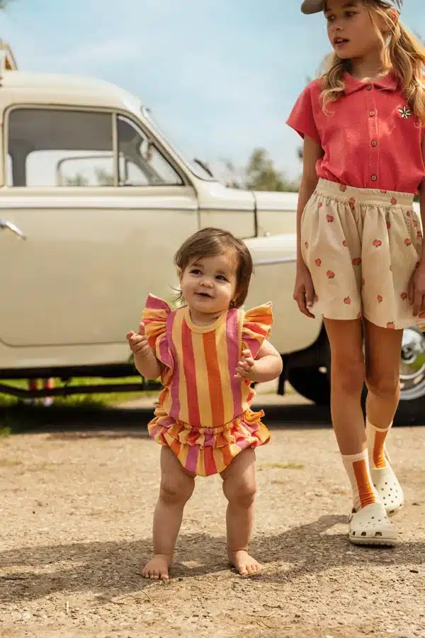 Sproet & Sprout Ruffle Romper Stripes Nectarine