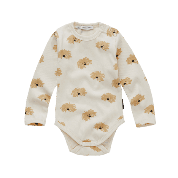 Sproet & Sprout Sproet & Sprout Romper Moustache Dog Ivory 1138187273753 AW25 Sproet Kleding & Accessoires Baby Rompers Wijs west