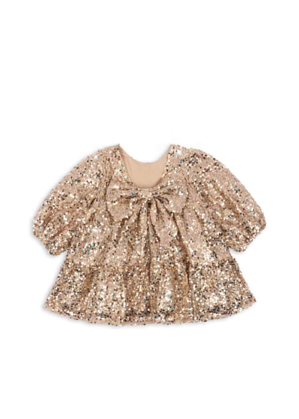Konges Sløjd Konges Sløjd Lila Sequins Bow Dress Gold Glitter 5715681116043 Konges AW25 Kleding & Accessoires Rokjes & Jurkjes  Wijs west