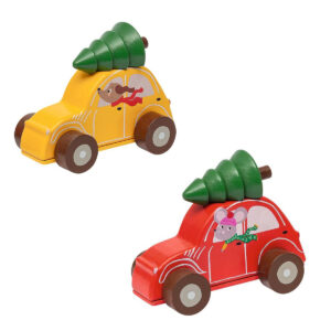 Kerst houten pull back Auto met Kerstboom