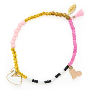 Ontdek het Bracelet Swann – een sierlijk kinderarmbandje met zwaan, hart en pompon. Elegant, stevig en perfect voor kleine dans- en dromenfans.