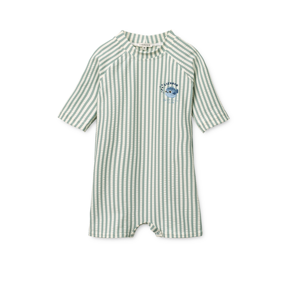 Liewood Liewood Thor Seersucker Baby Zwem Jumpsuit Peppermint / Sandy 5715493517991 Liewood SS26 Kleding & Accessoires Baby Zwemkleding (Baby) Wijs west