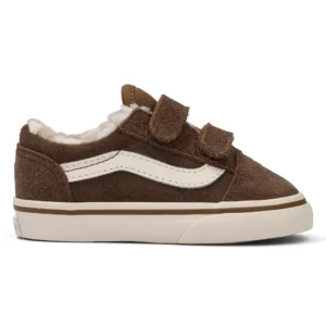 Bruine Vans Old Skool V Cozy kindersneaker met klittenbandsluiting en witte waffle-zool