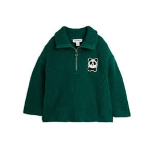 Mini Rodini Grofgebreide Sweater Met Halve Rits Panda Patch Green - vooraanzicht