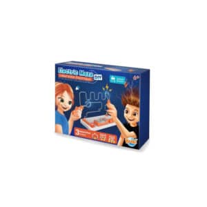 Verpakking van het Buki DIY Elektrisch Labyrint met twee kinderen die het spel spelen op de voorkant