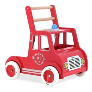 Rode houten loopwagen in de vorm van een brandweerwagen van Vilac – van voren gezien