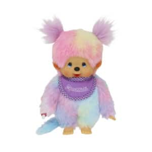 Monchhichi met zachte vacht in regenboogkleuren roze – geel en lichtblauw en een paarse slab