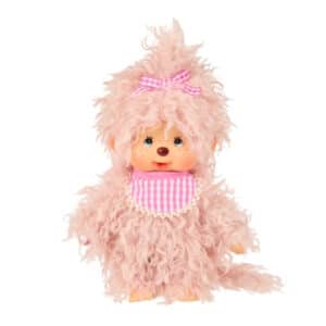 Roze Monchhichi met lange krullende vacht – roze ruitjesslab en een strik in het haar