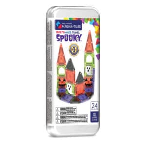 Doorzichtig reisdoosje van Magna-Tiles microMAGS Travel Spooky met 24 magnetische halloweenvormen
