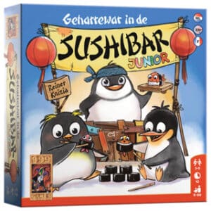 Doos van Geharrewar in de Sushibar Junior met pinguïns aan een sushibar – voorkant