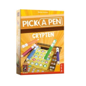 Gele doos van Pick a Pen Crypten met potloden en een scoreblok met symbolen – voorkant