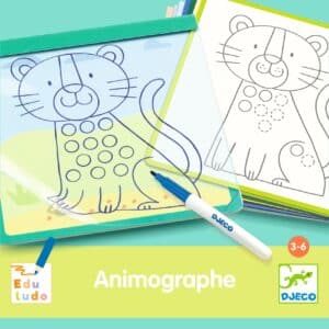De voorkant van de verpakking van Djeco tekenbord Animographe om eerste lijnen en bogen te oefenen