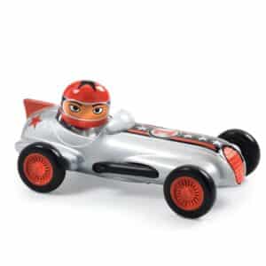 Djeco zilveren metalen raceauto Silver Super Speed met coureur – in zijaanzicht