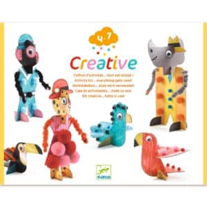 De voorkant van de verpakking van Djeco knutselset Creative Box om savannedieren en vogels te maken