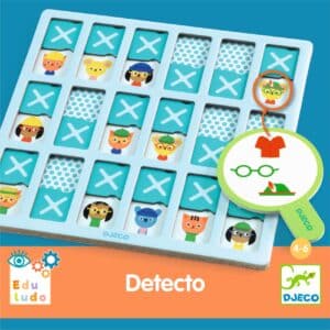 De voorkant van de verpakking van Djeco houten observatiespel Detecto met dieren en zoekloepen