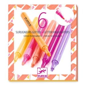 De doos van Djeco set van 6 glitter markeerstiften Grapefruit in roze – oranje en gele tinten
