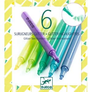 De voorkant van de verpakking van Djeco set van 6 glitter markeerstiften Mojito in groene – blauwe en paarse tinten