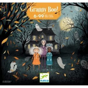 De voorkant van de verpakking van Djeco gezelschapsspel Granny Boo met spokenhuis en grootouderpionnen