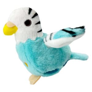 Blauw-witte interactieve knuffel papegaai van Happy Yappers van opzij gezien