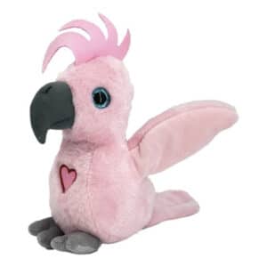 Grote interactieve knuffel roze kaketoe van Happy Yappers van opzij gezien met hartje op de buik