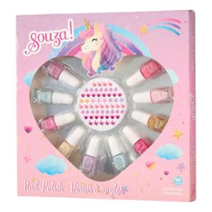 Grote kindernagellak set eenhoorn van Souza met flesjes nagellak en nagelstickers in een hartvormige verpakking