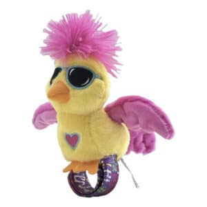 Interactieve knuffel Chirpettes Mimi Melody van Happy Yappers als geel vogeltje met roze kuif – roze vleugels en zonnebril