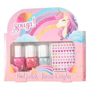 Kindernagellak set eenhoorn op waterbasis van Souza met drie flesjes en nagelstickers in de verpakking