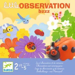 De voorkant van de verpakking van Djeco observatie- en geheugenspel Little Observation Bzzz met bloemen en insecten