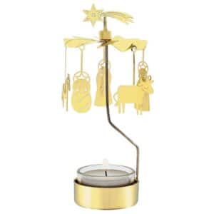 Goudkleurige waxinelicht carrousel met kerststal met os – kribbe en ster van Moses op witte achtergrond