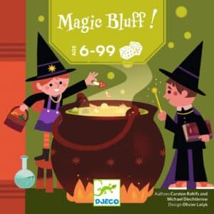 De voorkant van de verpakking van Djeco blufspel Magic Bluff met tovenaars en toverketel