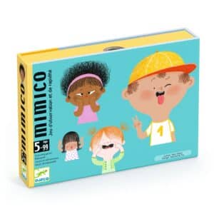 De doos van Djeco kaartspel Mimico waarin je grimassen nadoet