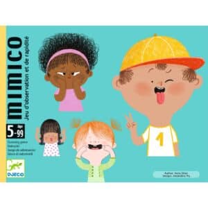 De voorkant van de verpakking van Djeco kaartspel Mimico waarin je grimassen nadoet