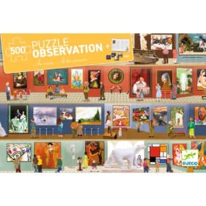 De voorkant van de verpakking van Djeco observatiepuzzel In het museum van 500 stukjes met kunstwerken en boekje