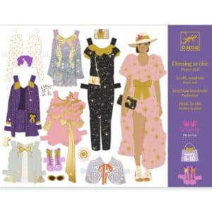 De voorkant van de verpakking van Djeco papieren aankleedpoppen set So Chic Garderobe met avondkleding