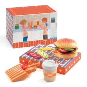 Djeco speelgoed hamburgerset Amerika van hout en vilt met friet en drinkbeker – met de bijbehorende doos als hamburgerkraam