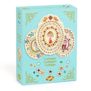 De doos van Djeco knutselset Tinyly Collages Berry & Co met gouden medaillons en edelsteentjes