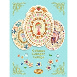 De voorkant van de verpakking van Djeco knutselset Tinyly Collages Berry & Co met gouden medaillons en edelsteentjes