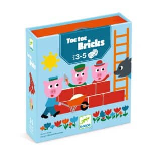 De doos van Djeco dobbelspel Toc Toc Bricks waarin je een huisje bouwt van bakstenen