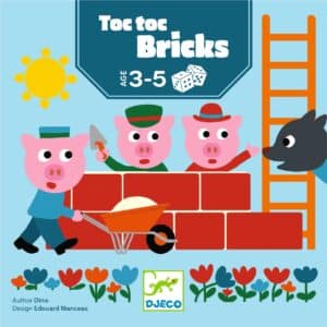 De voorkant van de verpakking van Djeco dobbelspel Toc Toc Bricks waarin je een huisje bouwt van bakstenen