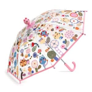 Djeco doorzichtige kinderparaplu met kleine katjes en roze handvat – volledig geopend