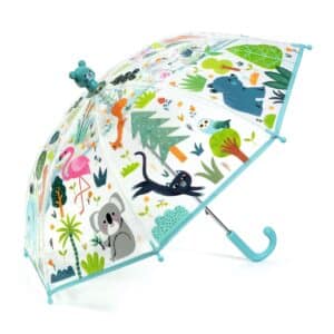 Djeco doorzichtige kinderparaplu met wilde dieren en blauw handvat – volledig geopend