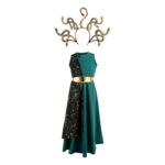 Groene verkleedjurk Medusa van Great Pretenders met gouden riem en slangen haarband met de slangen haarband erboven