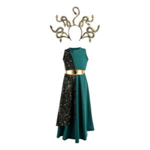 Groene verkleedjurk Medusa van Great Pretenders met gouden riem en slangen haarband met de slangen haarband erboven