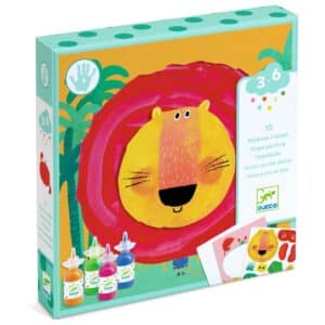 De doos van Djeco vingerverfset Gekke Dieren met platen – stickers en potjes verf