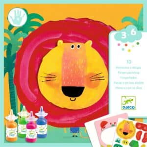 De voorkant van de verpakking van Djeco vingerverfset Gekke Dieren met platen – stickers en potjes verf