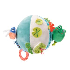 Zachte Moulin Roty activiteitenbal in blauw en crème met een kikker en een vogeltje en een bijtring