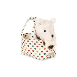 Witte badstof knuffelpuppy van Konges Sløjd met botje in een tasje met gekleurde hartjes