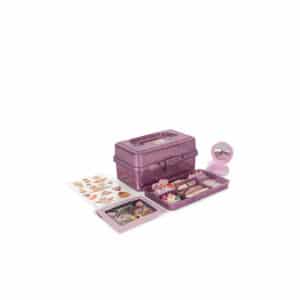 Paarse glitter beautykoffer Glam Me Up van Konges Sløjd met make-up en stickers ernaast