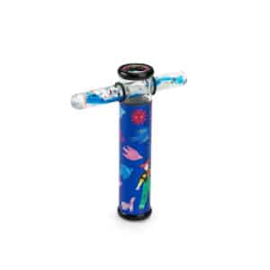 Blauwe Moulin Roty caleidoscoop met vogeltjes en een blauw draaibuisje vol glitters